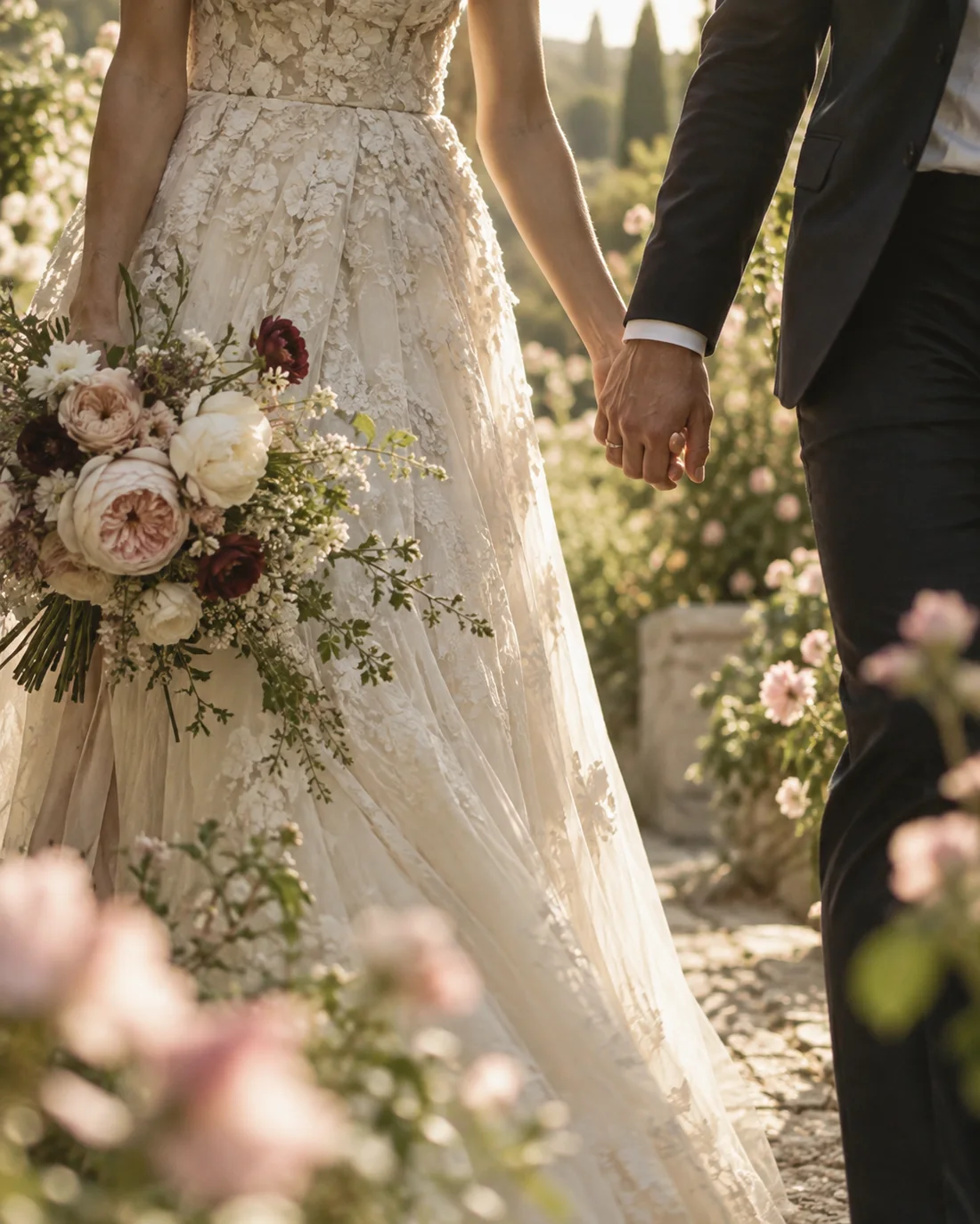 Los novios paseando de la mano entre flores